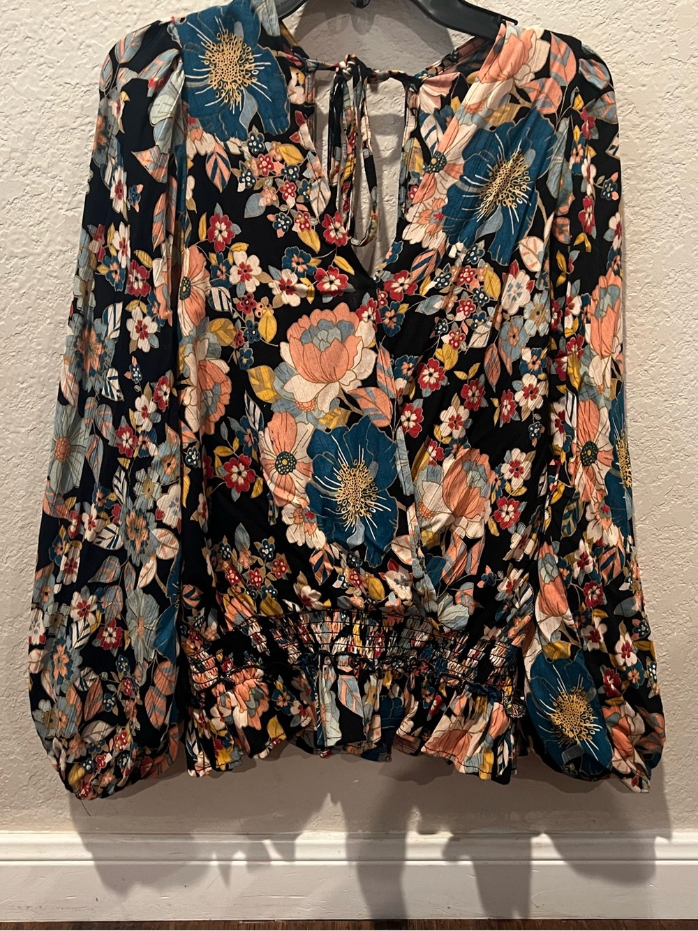 Angie Black Floral V-Neck Blouse with Teal & Peach Accents